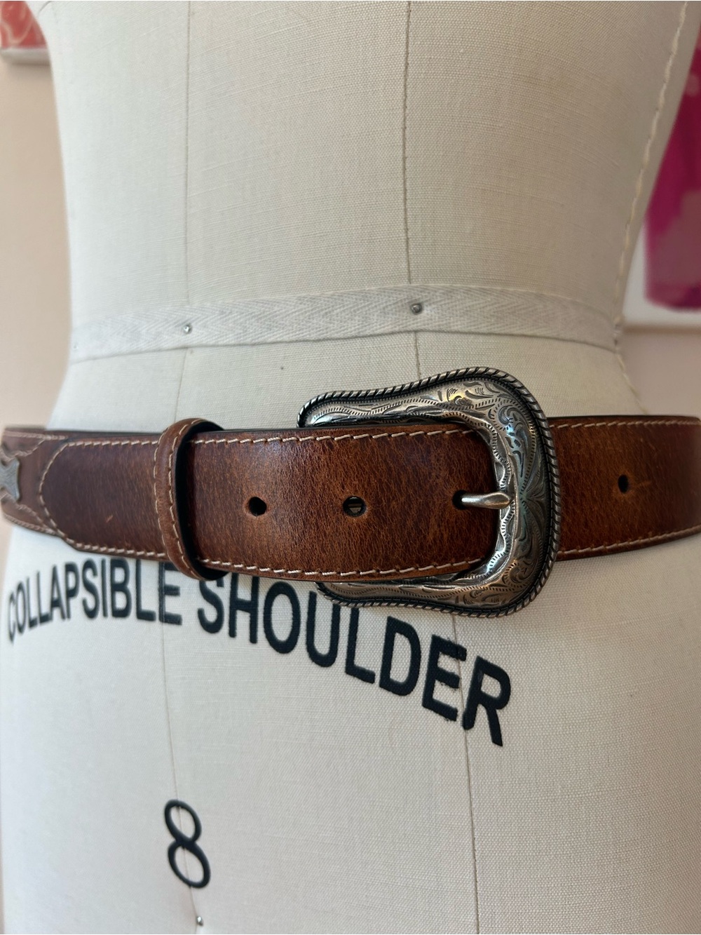 Tony Lama Brown Leather Western Belt with Tooled Silver Buckle